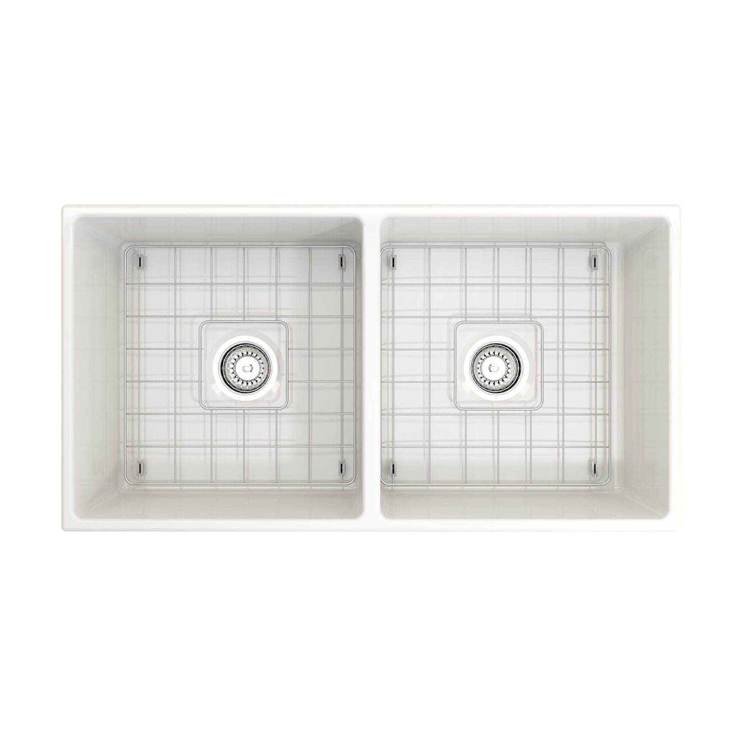 BOCCHI CONTEMPO 36" Fireclay Farmhouse Double Bowl Kitchen Sink with Protective Bottom Grid and Strainer, WHITE - 1350-001-0120 - Manor House Sinks