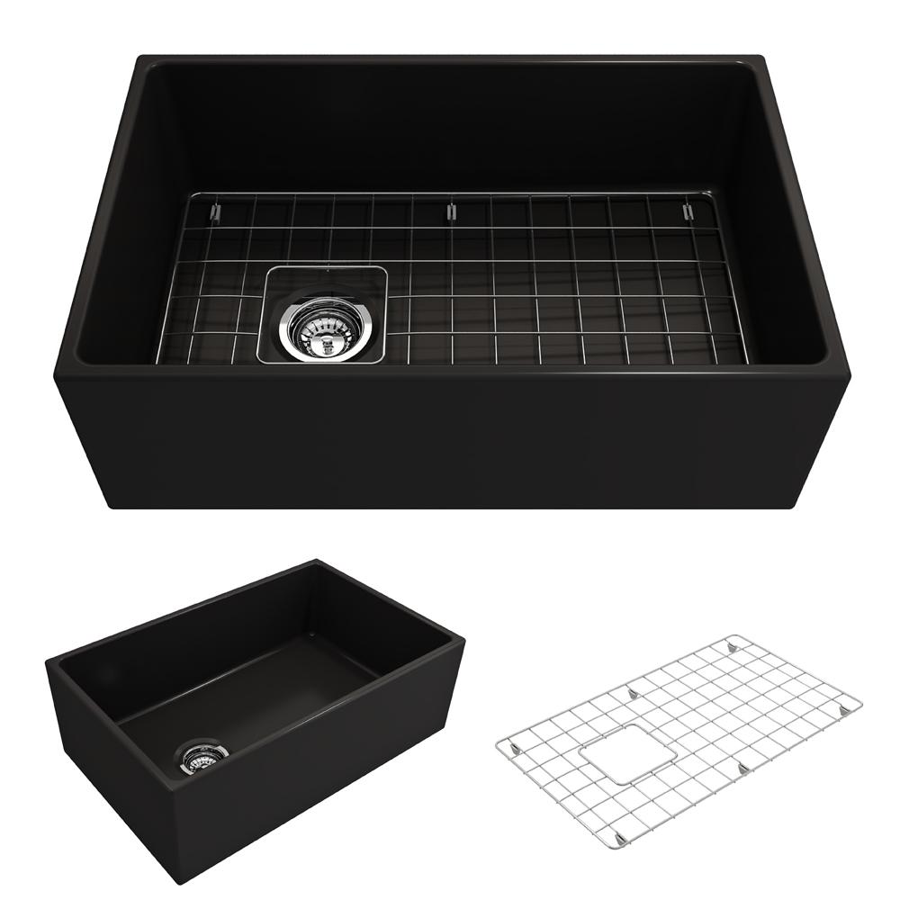 BOCCHI CONTEMPO 36" Fireclay Farmhouse Double Bowl Kitchen Sink with Protective Bottom Grid and Strainer in matte black, top view.