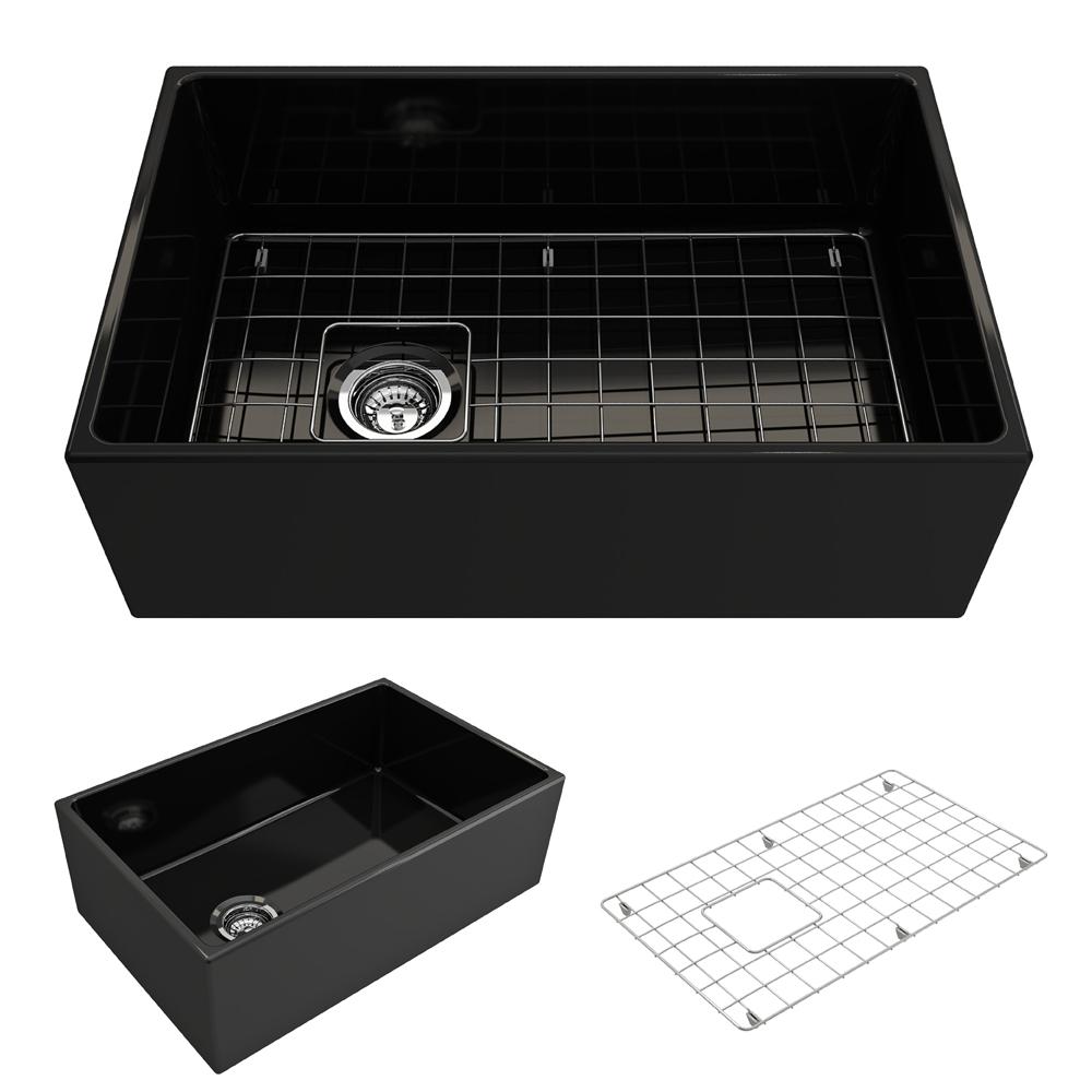 BOCCHI CONTEMPO 36" Fireclay Farmhouse Double Bowl Kitchen Sink with Protective Bottom Grid and Strainer in black color.