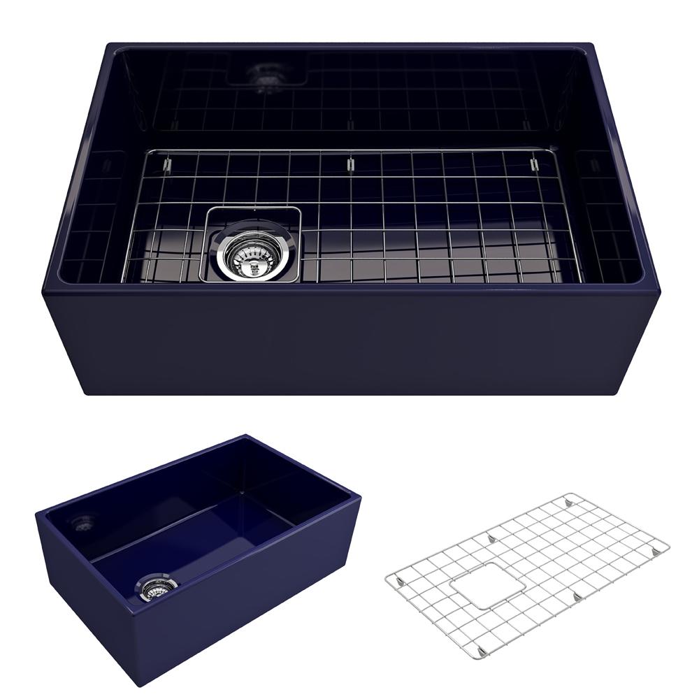 BOCCHI CONTEMPO 36" Fireclay Farmhouse Double Bowl Kitchen Sink with Protective Bottom Grid and Strainer in navy blue, top view.