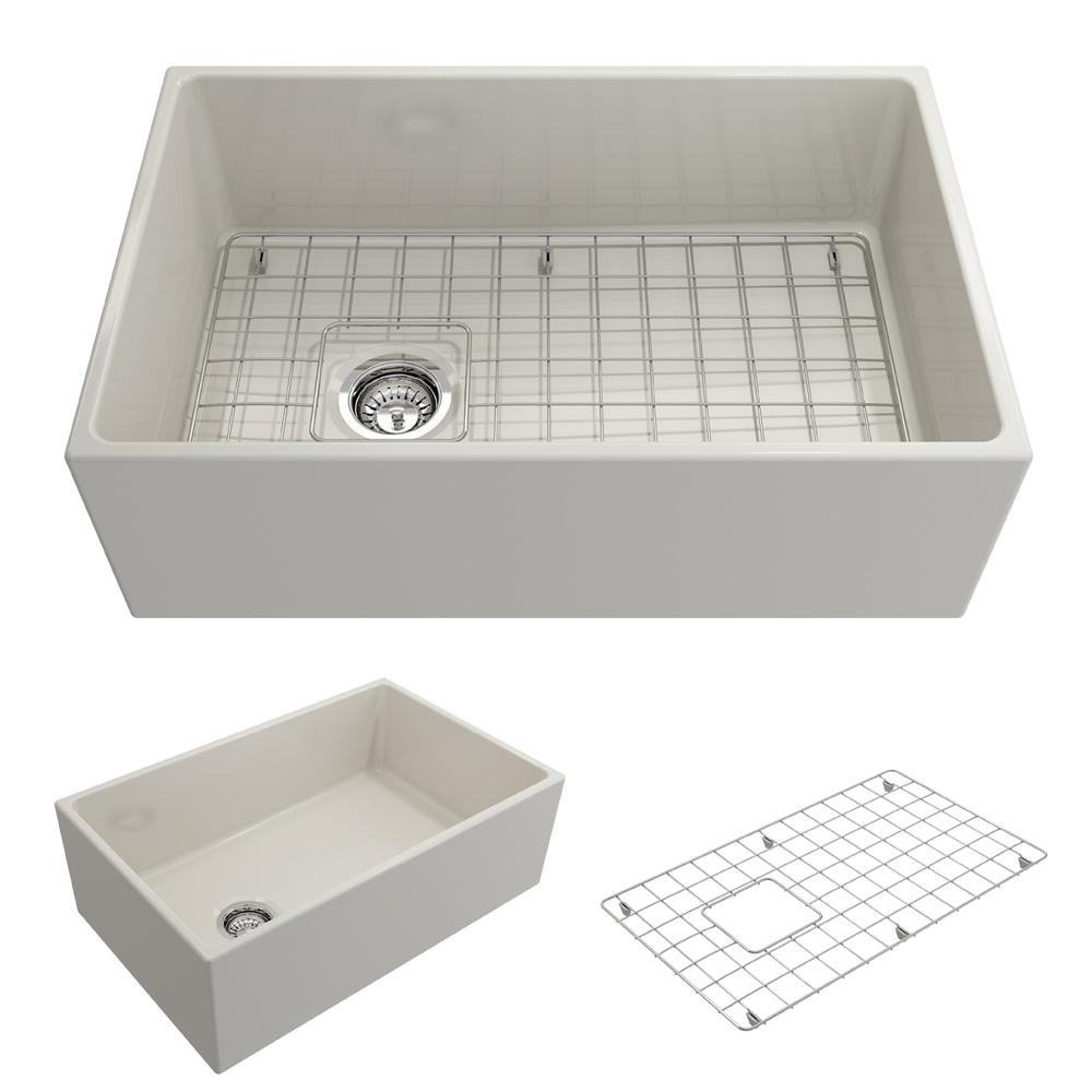 BOCCHI CONTEMPO 36" Fireclay Farmhouse Double Bowl Kitchen Sink with Protective Bottom Grid and Strainer top view and side view.
