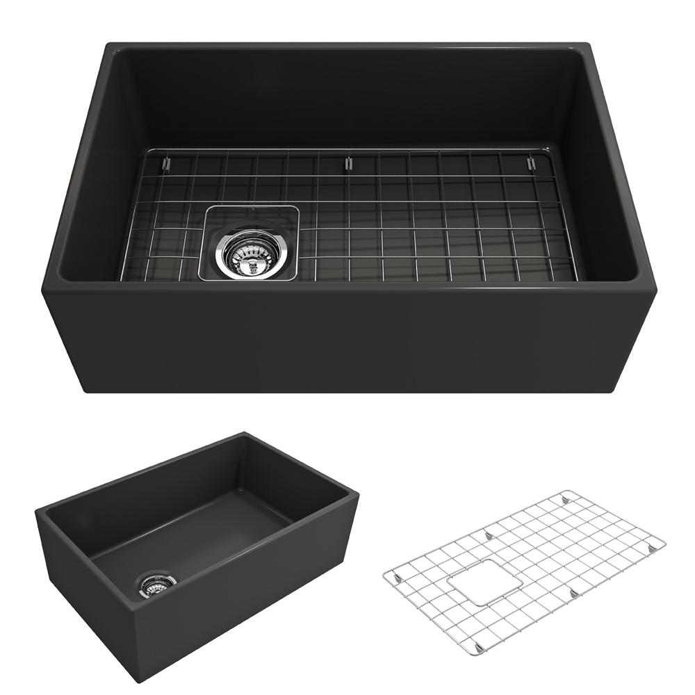 BOCCHI CONTEMPO 36" Fireclay Farmhouse Double Bowl Kitchen Sink with Protective Bottom Grid and Strainer in matte black.