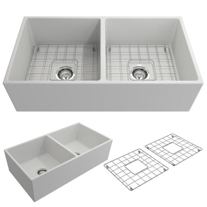 BOCCHI CONTEMPO 36" Fireclay Farmhouse Double Bowl Kitchen Sink with Protective Bottom Grid and Strainer, Matte White, top and side views.