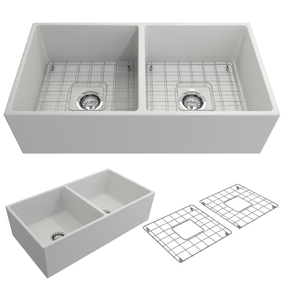 BOCCHI CONTEMPO 36" Fireclay Farmhouse Double Bowl Kitchen Sink with Protective Bottom Grid and Strainer, Matte White, top and side views.