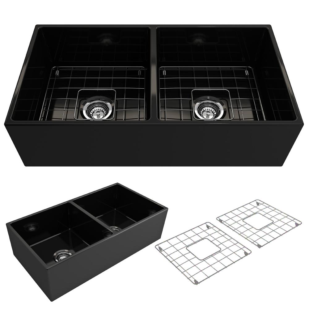 BOCCHI CONTEMPO 36" Fireclay Farmhouse Double Bowl Kitchen Sink with Protective Bottom Grid and Strainer, top view in matte black.