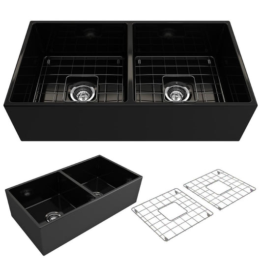 BOCCHI CONTEMPO 36" Fireclay Farmhouse Double Bowl Kitchen Sink with Protective Bottom Grid and Strainer, top view in matte black.
