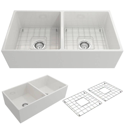 BOCCHI CONTEMPO 36" Fireclay Farmhouse Double Bowl Kitchen Sink with Protective Bottom Grid and Strainer top and front view