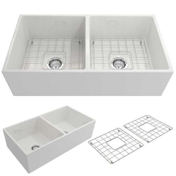 BOCCHI CONTEMPO 36 Fireclay Farmhouse Double Bowl Kitchen Sink with Protective Bottom Grid and Strainer, WHITE - 1350-001-0120 - Manor House Sinks