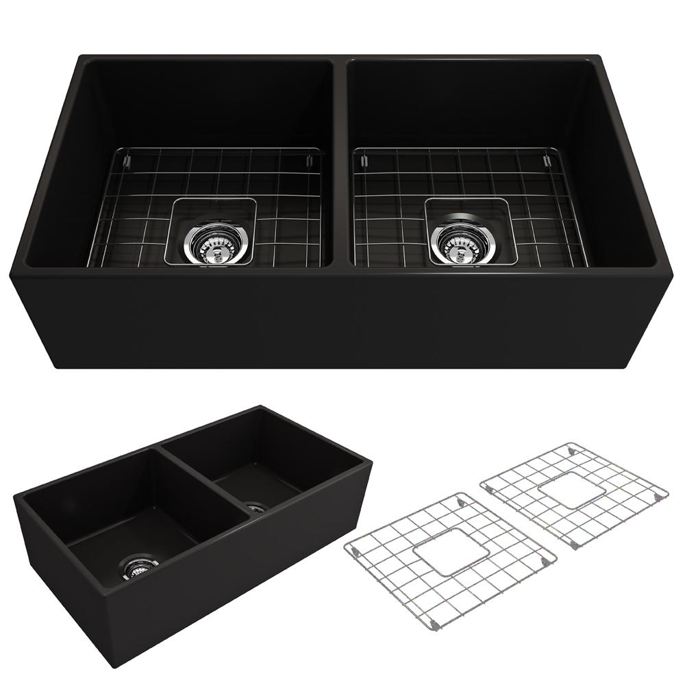 BOCCHI CONTEMPO 36" Fireclay Farmhouse Double Bowl Kitchen Sink with Protective Bottom Grid and Strainer view showing black finish and sink components.
