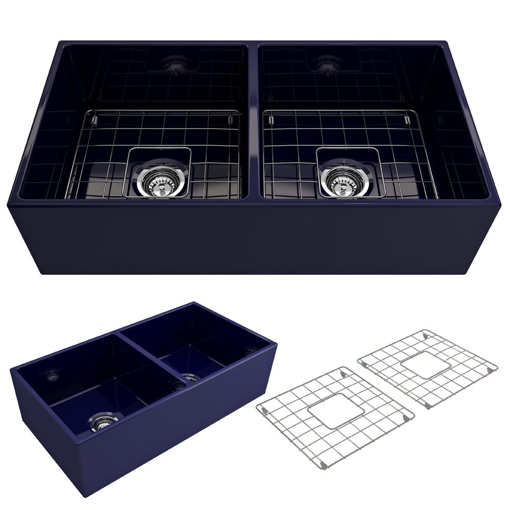 BOCCHI CONTEMPO 36" Fireclay Farmhouse Double Bowl Kitchen Sink with Protective Bottom Grid and Strainer in Sapphire Blue, top view