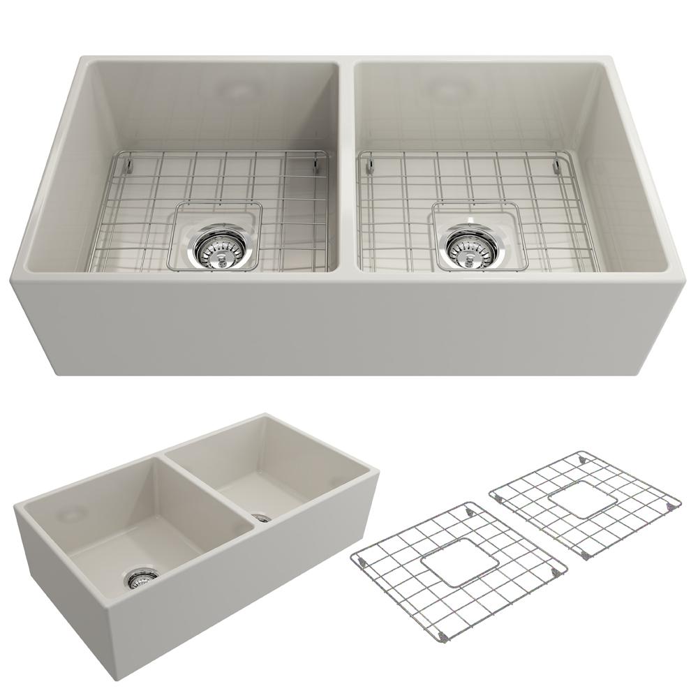BOCCHI CONTEMPO 36" Fireclay Farmhouse Double Bowl Kitchen Sink with Protective Bottom Grid and Strainer, Biscuit color, top view.