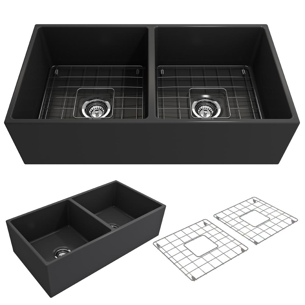 BOCCHI CONTEMPO 36" Fireclay Farmhouse Double Bowl Kitchen Sink with Protective Bottom Grid and Strainer, matte dark gray top view.