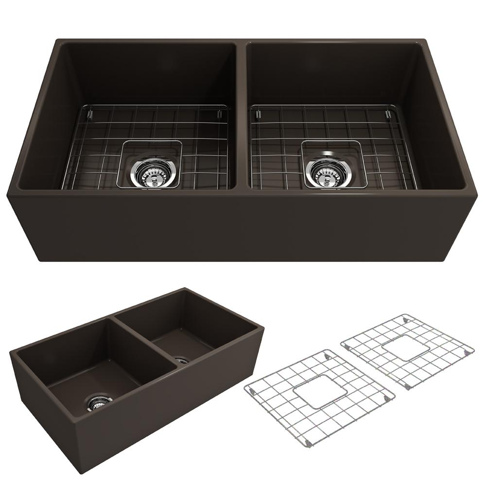 BOCCHI CONTEMPO 36" Fireclay Farmhouse Double Bowl Kitchen Sink with Protective Bottom Grid and Strainer, Matte Brown top view.
