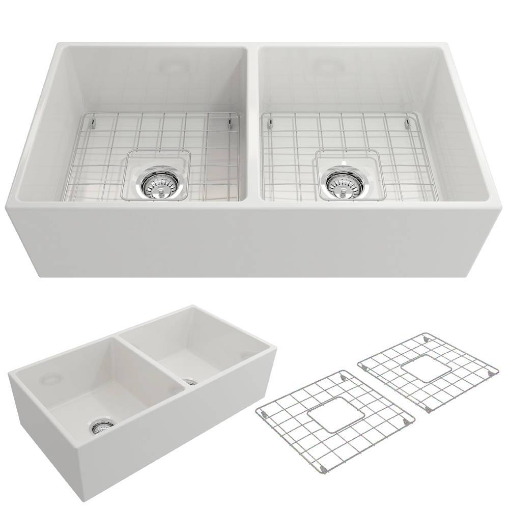 BOCCHI CONTEMPO 36" Fireclay Farmhouse Double Bowl Kitchen Sink with Protective Bottom Grid and Strainer - Top view
