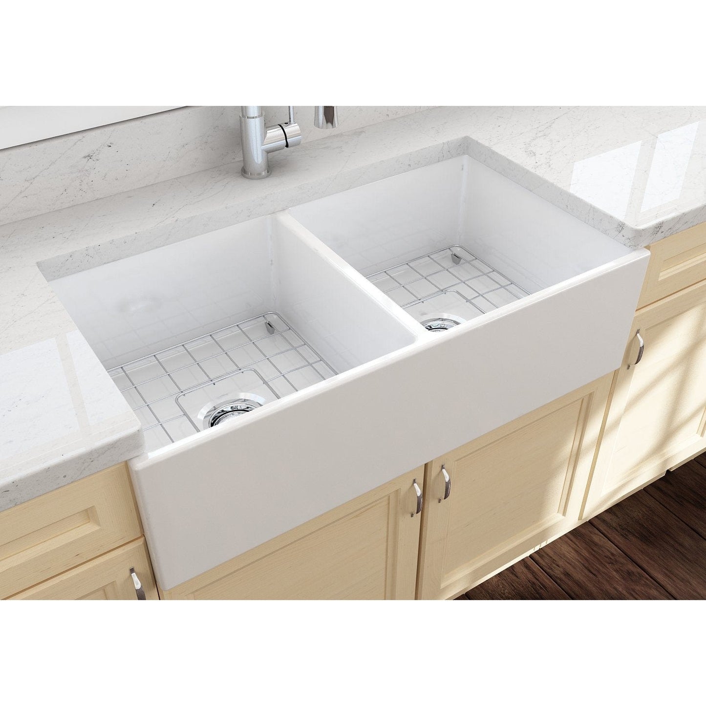 BOCCHI CONTEMPO 36" Fireclay Farmhouse Double Bowl Kitchen Sink with Protective Bottom Grid and Strainer - top view with white finish