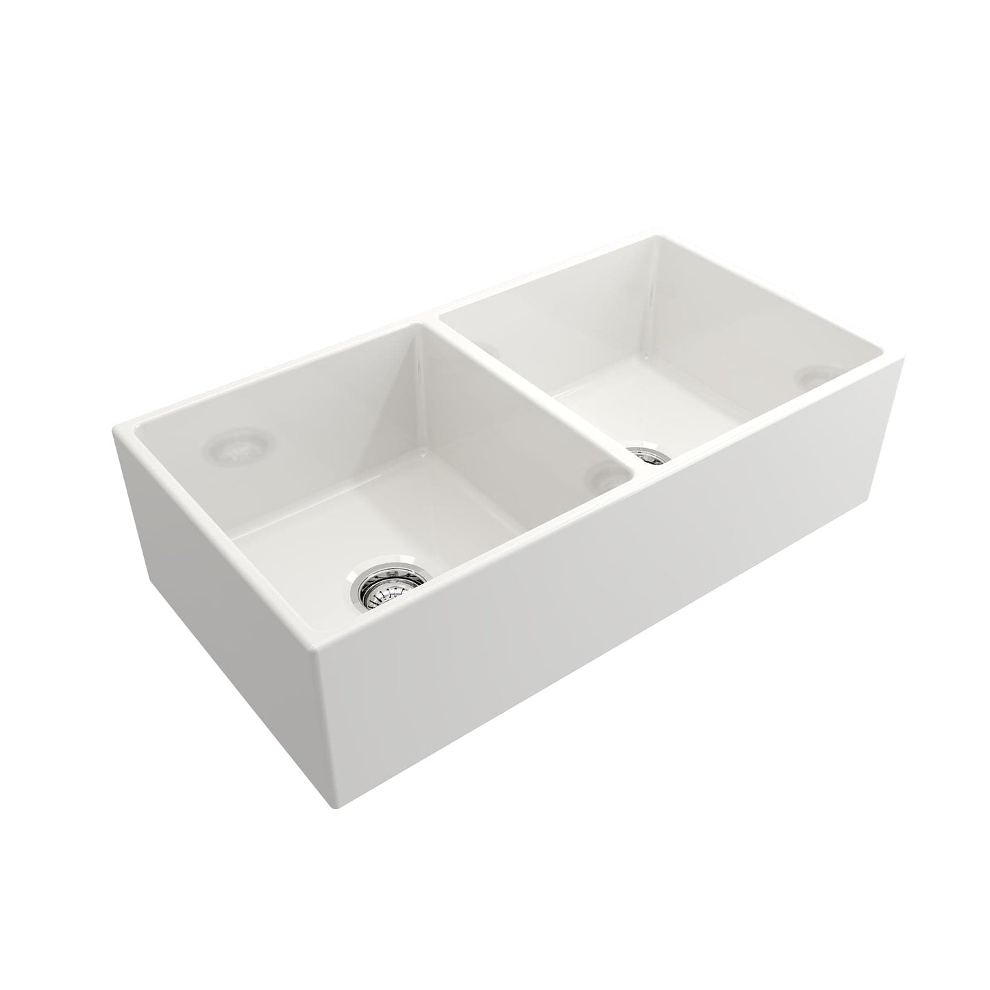 BOCCHI CONTEMPO 36" Fireclay Farmhouse Double Bowl Kitchen Sink with Protective Bottom Grid and Strainer, right side view, white finish