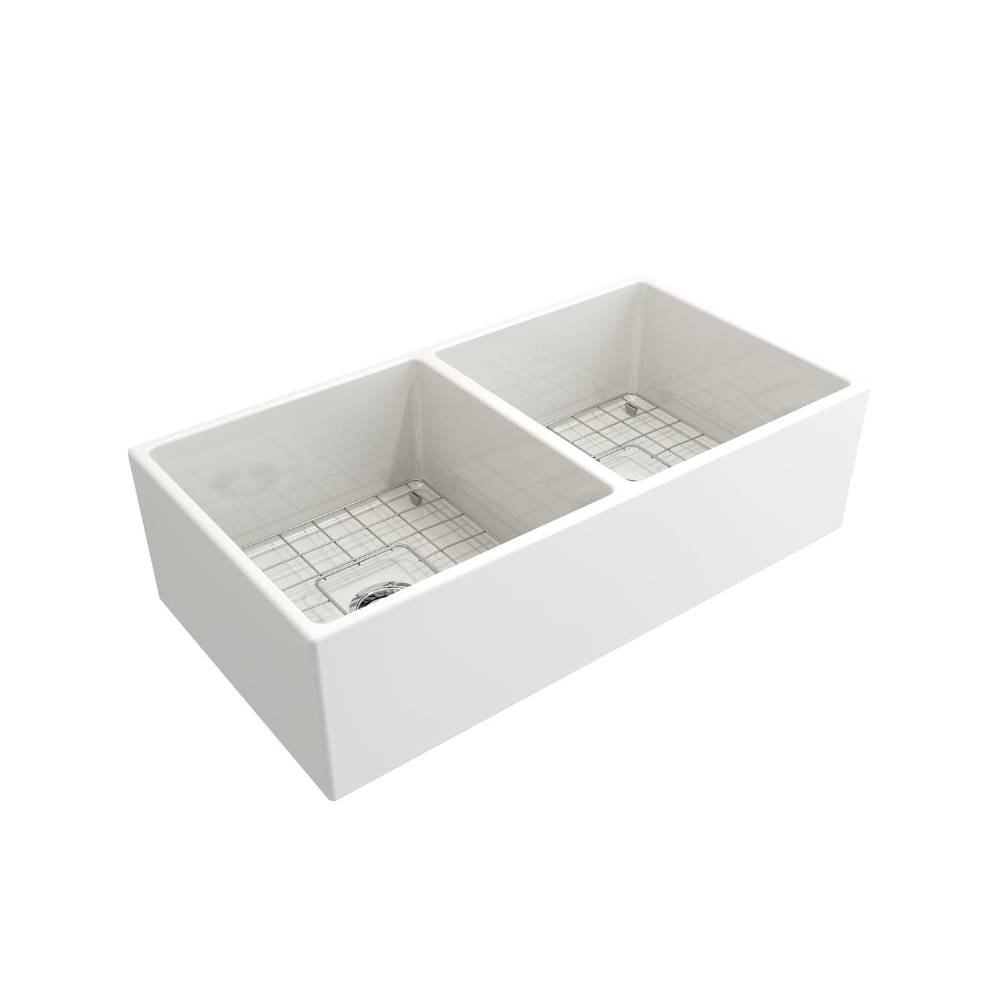 BOCCHI CONTEMPO 36" Fireclay Farmhouse Double Bowl Kitchen Sink with Protective Bottom Grid and Strainer right side view