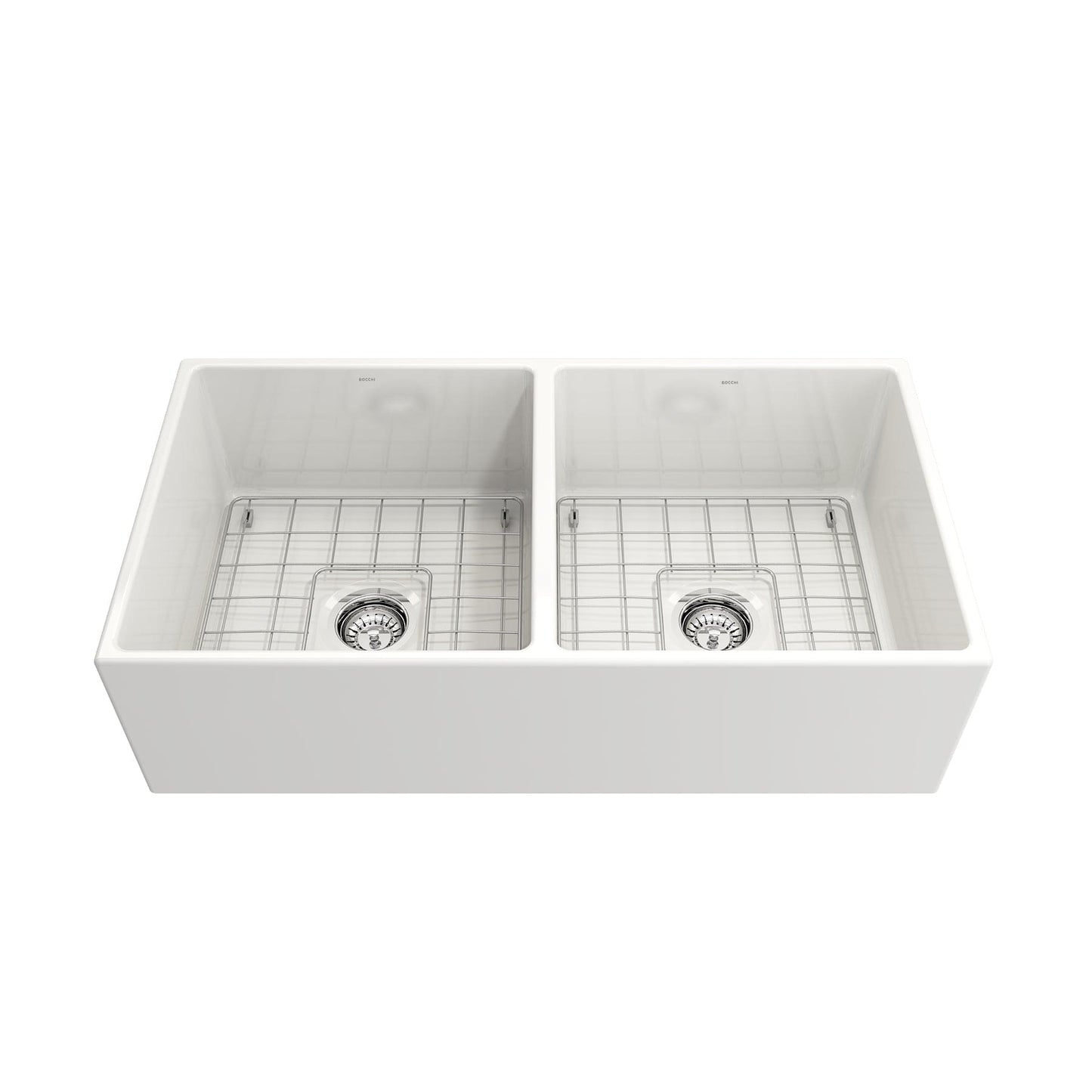 BOCCHI CONTEMPO 36" Fireclay Farmhouse Double Bowl Kitchen Sink with Protective Bottom Grid and Strainer top view in white.