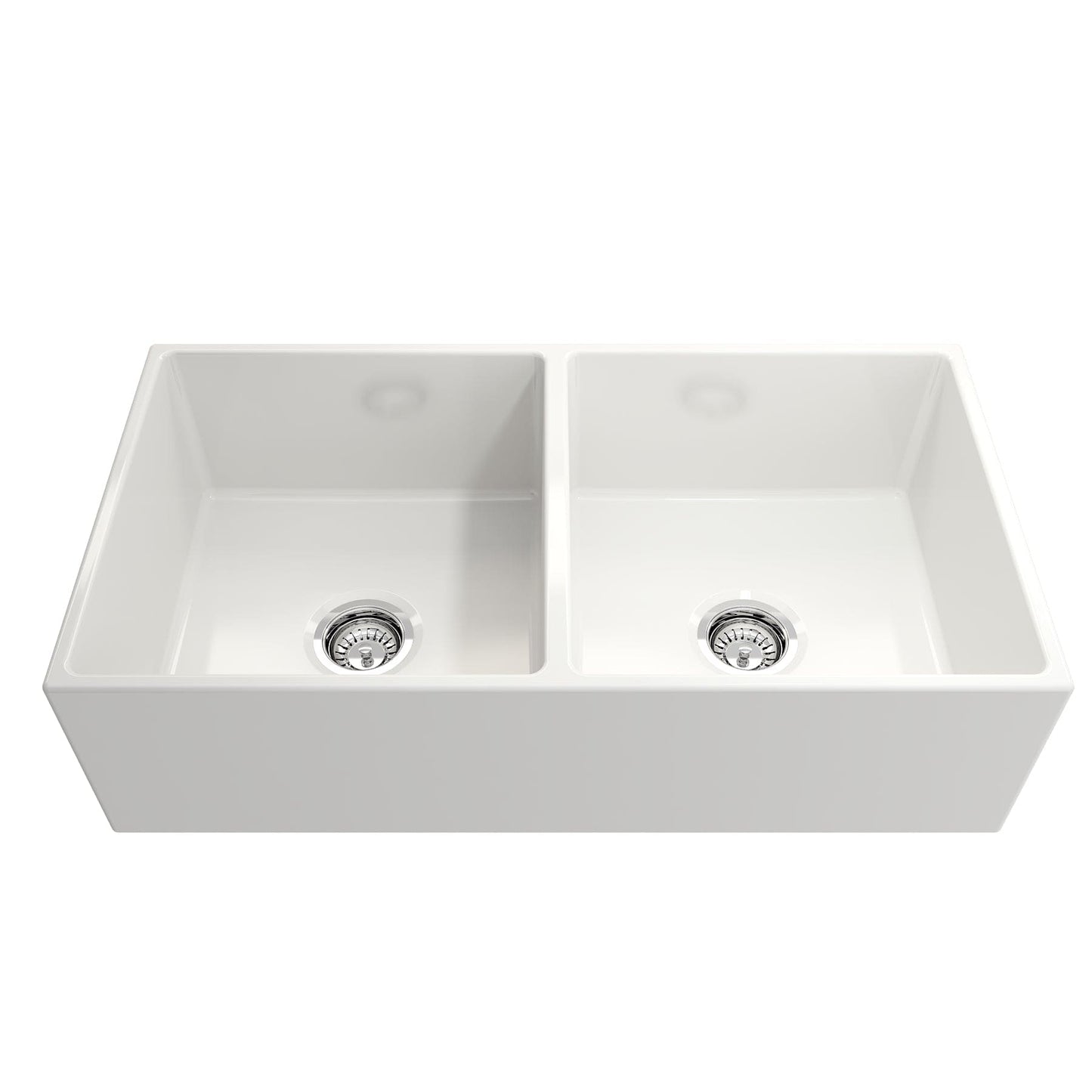 BOCCHI CONTEMPO 36" Fireclay Farmhouse Double Bowl Kitchen Sink with Protective Bottom Grid and Strainer, top view.