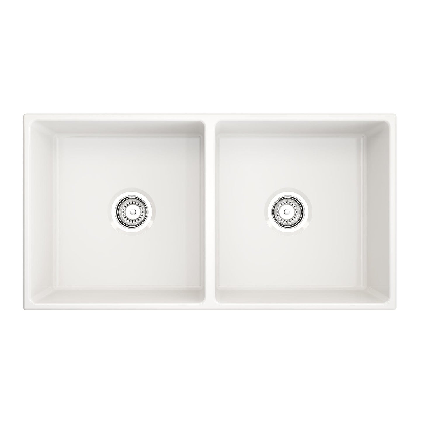 BOCCHI CONTEMPO 36" Fireclay Farmhouse Double Bowl Kitchen Sink with Protective Bottom Grid and Strainer - white top view