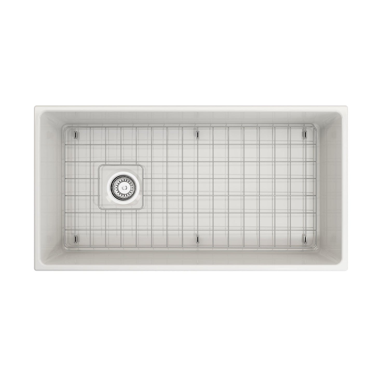 BOCCHI Contempo 36" farmhouse sink, top view with the stainless grid in place