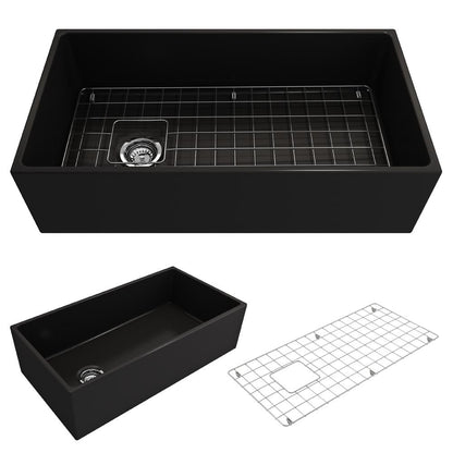 BOCCHI CONTEMPO 36" Fireclay Farmhouse Single Bowl Kitchen Sink with Protective Bottom Grid and Strainer in Matte Black, top view and side view.