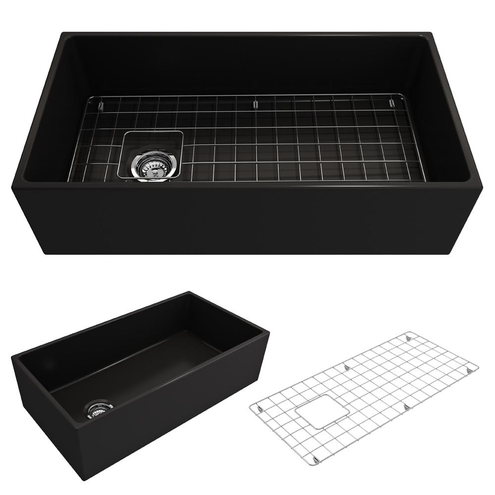 BOCCHI Contempo 36" fireclay farmhouse sink in Matte Black, top and side views