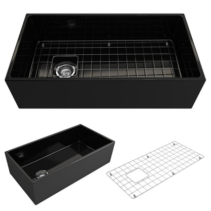 Bocchi BOCCHI CONTEMPO 36" Fireclay Farmhouse Single Bowl Kitchen Sink with Protective Bottom Grid and Strainer Color: Black