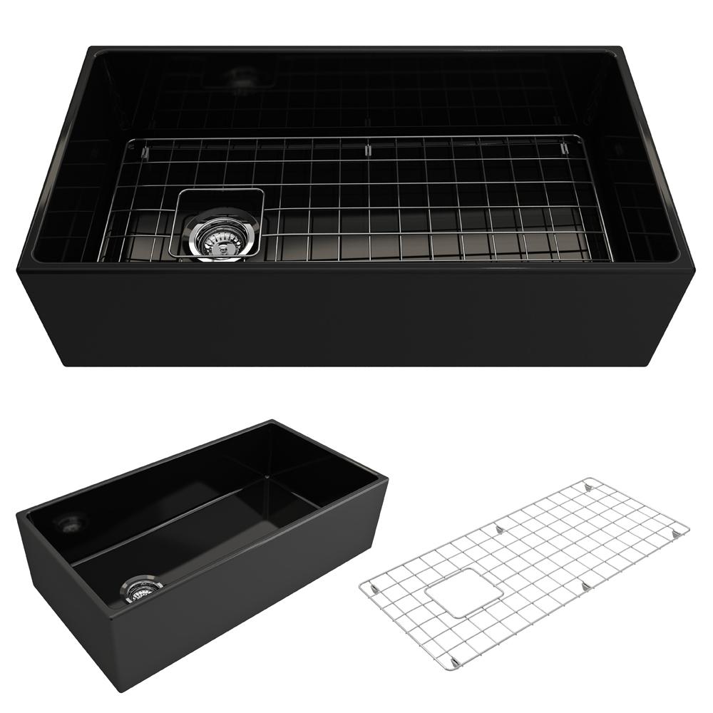 BOCCHI Contempo 36" fireclay farmhouse sink in glossy Black, top and side views