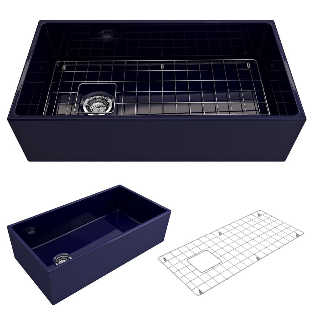 BOCCHI Contempo 36" fireclay farmhouse sink in Sapphire Blue, top view with grid