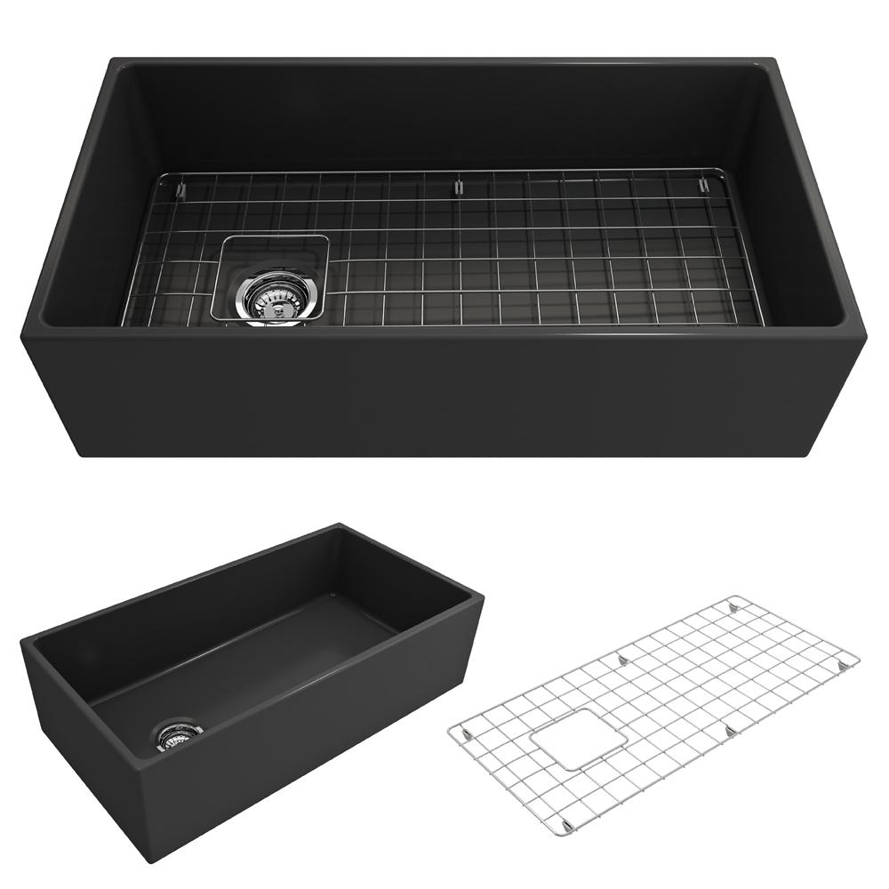 BOCCHI Contempo 36" fireclay farmhouse sink in Matte Dark Gray, top and angled side views