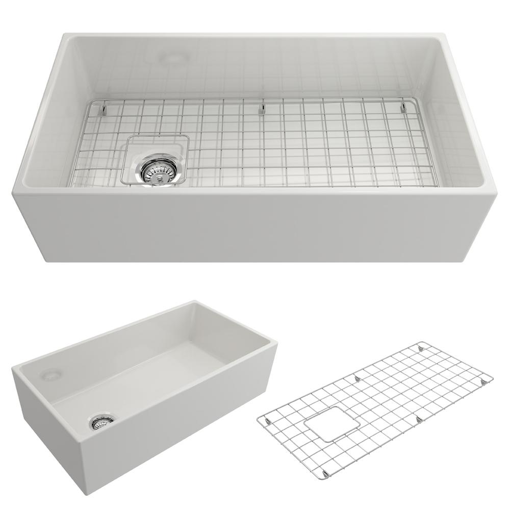 BOCCHI Contempo 36" single bowl fireclay farmhouse sink in White, top and side views