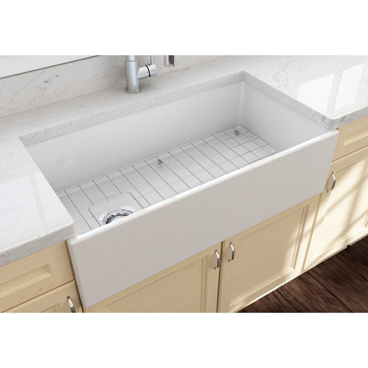 BOCCHI Contempo 36" fireclay farmhouse sink, top view with protective bottom grid