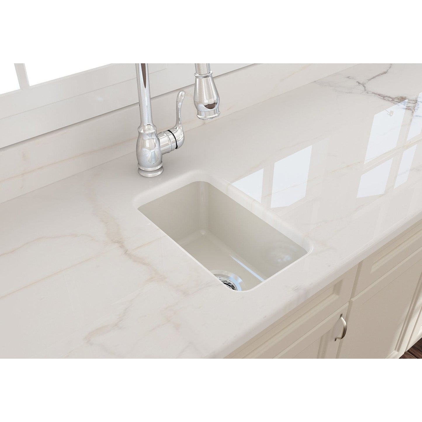 BOCCHI SOTTO 12" Fireclay Modern Undermount Single Bowl Bar Sink with Strainer in white finish, top-down view on countertop.