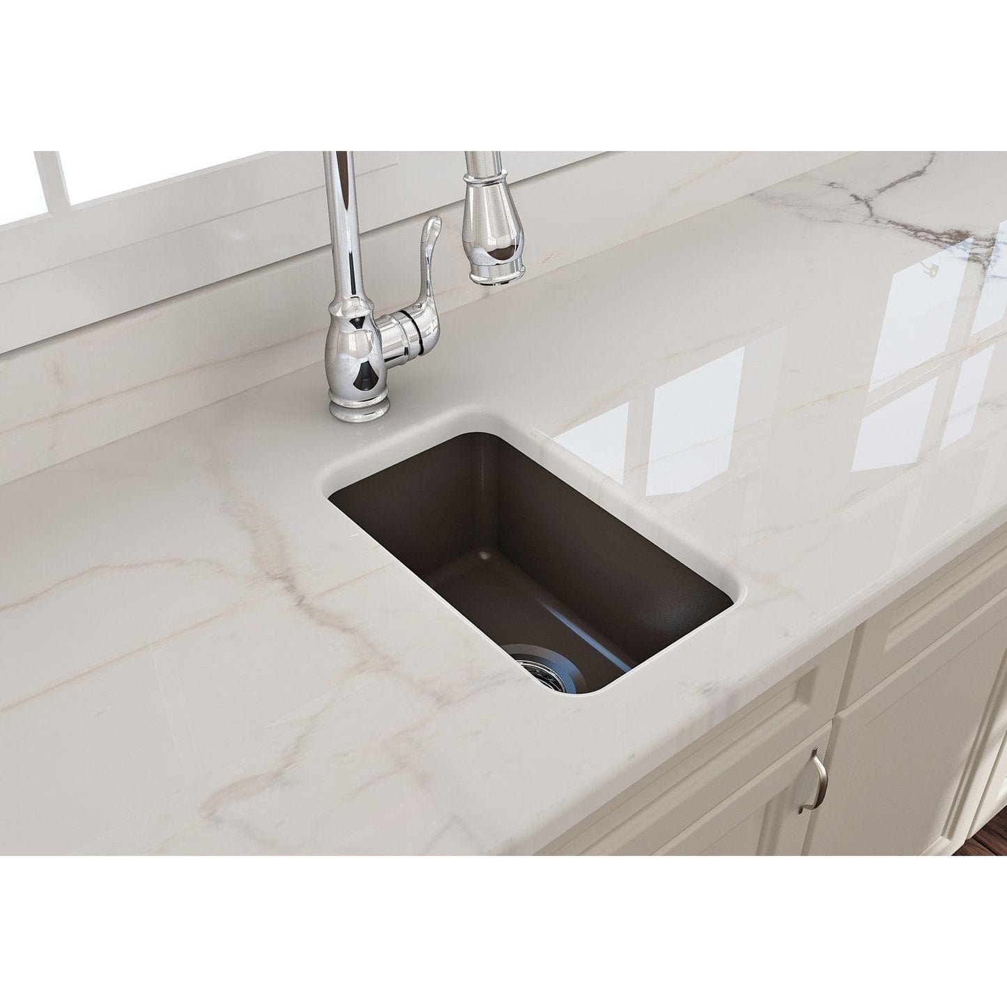 BOCCHI SOTTO 12" Fireclay Modern Undermount Single Bowl Bar Sink with Strainer in polished white countertop setting, top view.