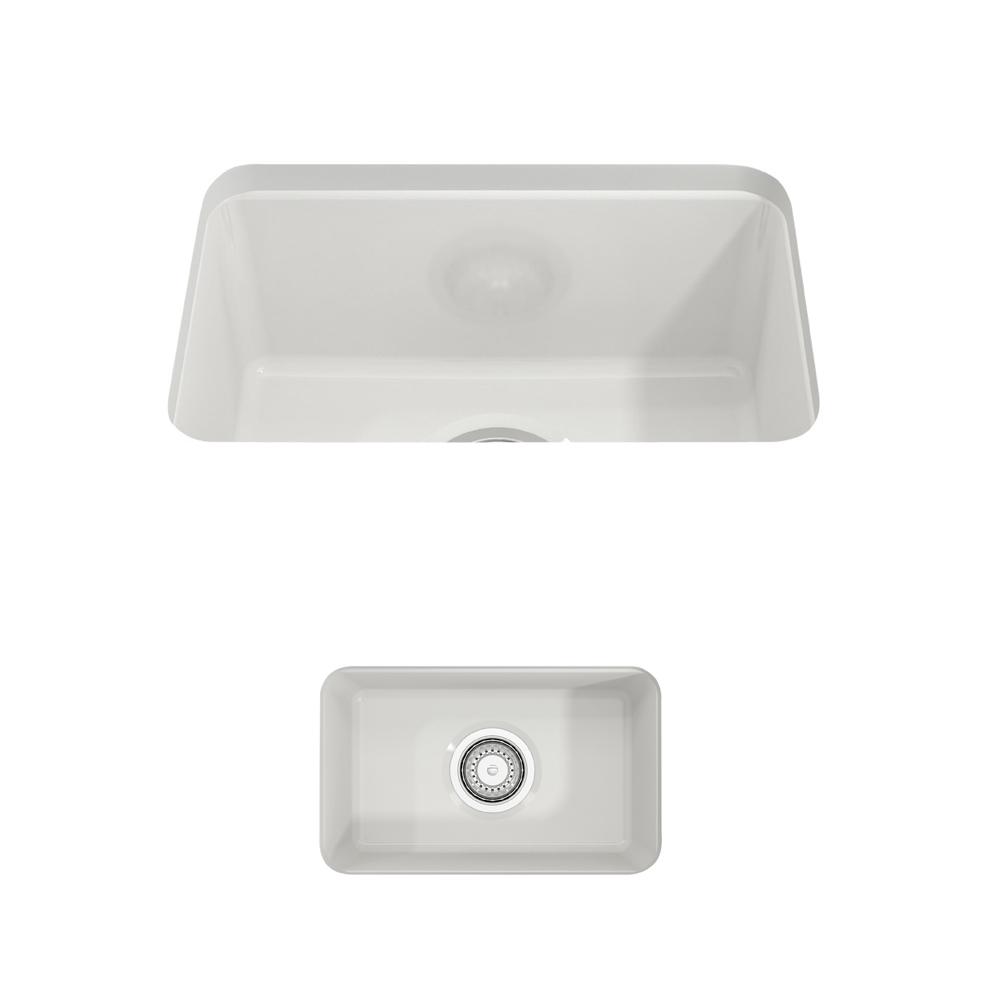 Top view of BOCCHI SOTTO 12" Fireclay Modern Undermount Single Bowl Bar Sink with Strainer in white.