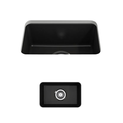 BOCCHI SOTTO 12" Fireclay Modern Undermount Single Bowl Bar Sink with Strainer, top view in matte black finish.