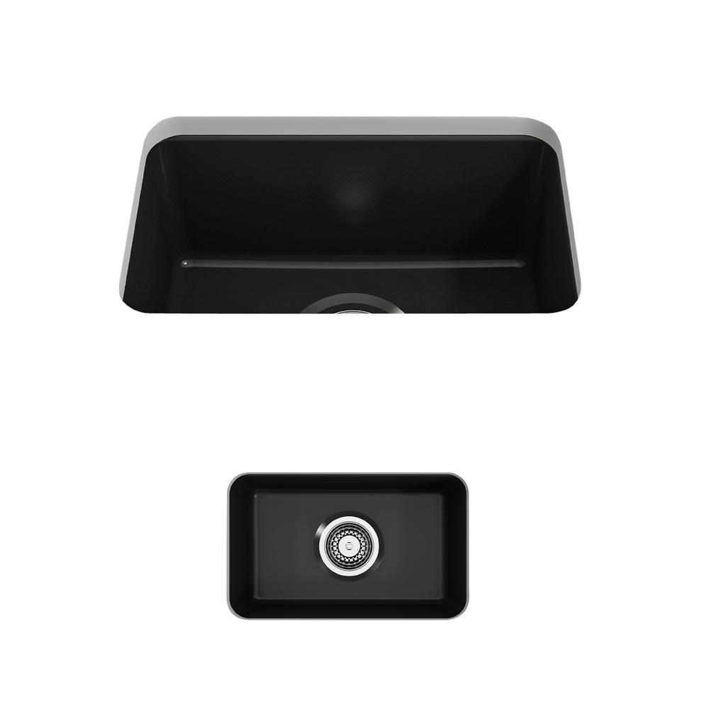 BOCCHI SOTTO 12" Fireclay Modern Undermount Single Bowl Bar Sink with Strainer, top view in matte black finish.