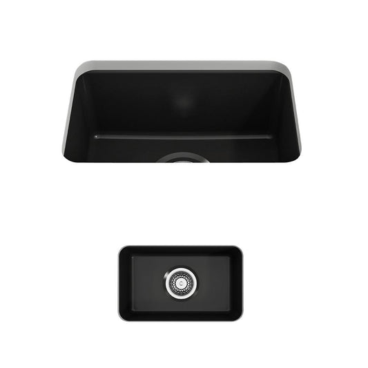 BOCCHI SOTTO 12" Fireclay Modern Undermount Single Bowl Bar Sink with Strainer, top view in matte black finish.