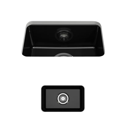 Top view of BOCCHI SOTTO 12" Fireclay Modern Undermount Single Bowl Bar Sink with Strainer in black color.
