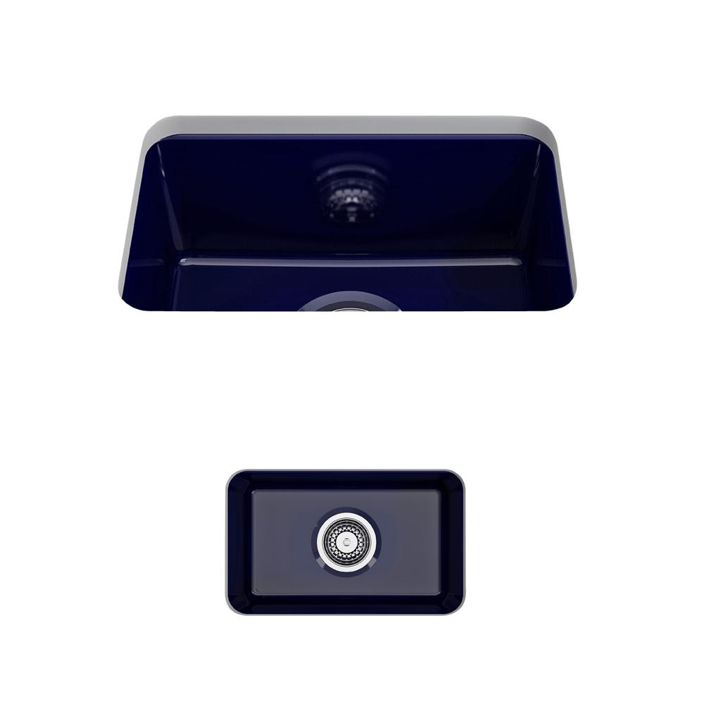 BOCCHI SOTTO 12" Fireclay Modern Undermount Single Bowl Bar Sink with Strainer in Sapphire Blue, top view showcasing deep rectangular design.