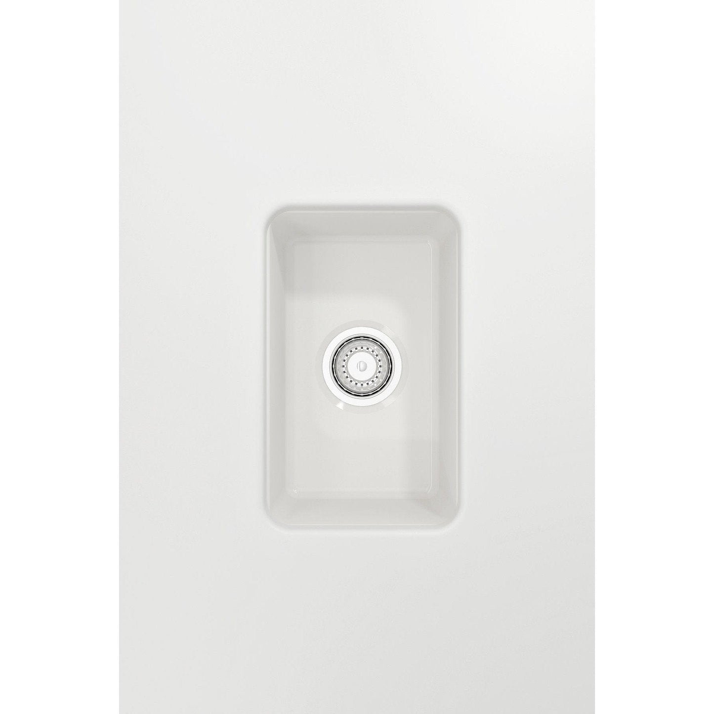 Top view of BOCCHI SOTTO 12" Fireclay Modern Undermount Single Bowl Bar Sink with Strainer in white finish.
