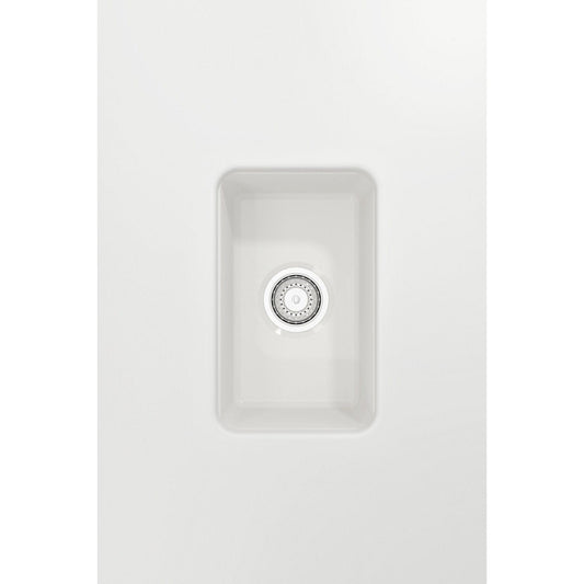 Top view of BOCCHI SOTTO 12" Fireclay Modern Undermount Single Bowl Bar Sink with Strainer in white finish.