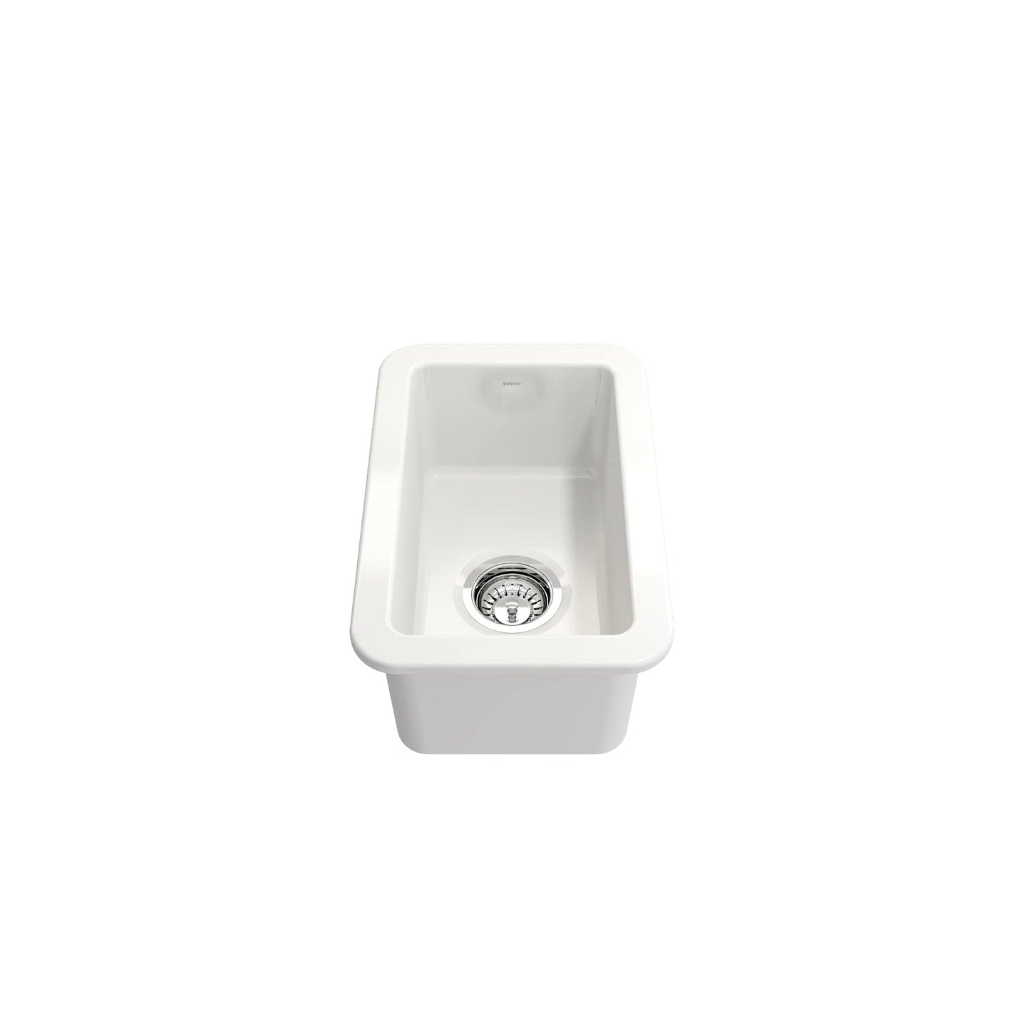 BOCCHI SOTTO 12" Fireclay Modern Undermount Single Bowl Bar Sink with Strainer top view in white finish.