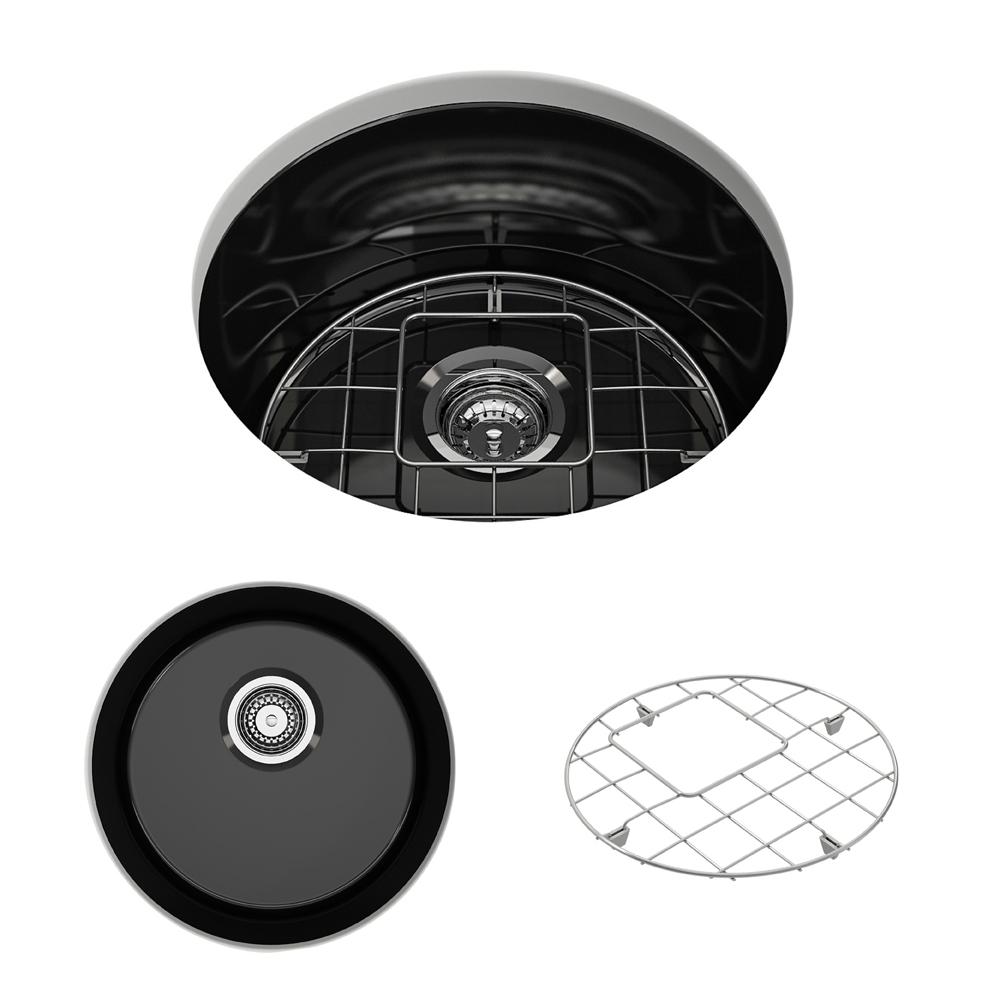 BOCCHI SOTTO 18.5" Fireclay Modern Undermount Single Bowl Kitchen Sink with Protective Bottom Grid and Strainer top view and bottom