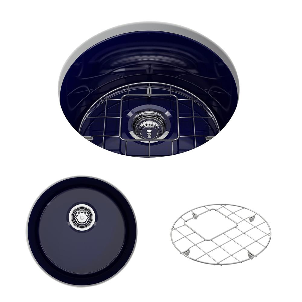 Top view of BOCCHI SOTTO 18.5" Fireclay Modern Undermount Single Bowl Kitchen Sink in Sapphire Blue with protective grid.