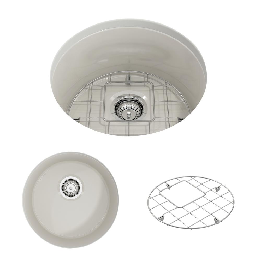 BOCCHI SOTTO 18.5" Fireclay Modern Undermount Single Bowl Kitchen Sink with Protective Bottom Grid and Strainer overhead view biscuit color