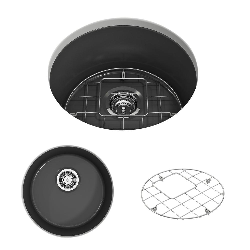 BOCCHI SOTTO 18.5" Fireclay Modern Undermount Single Bowl Kitchen Sink with Protective Bottom Grid and Strainer top view in matte dark gray.