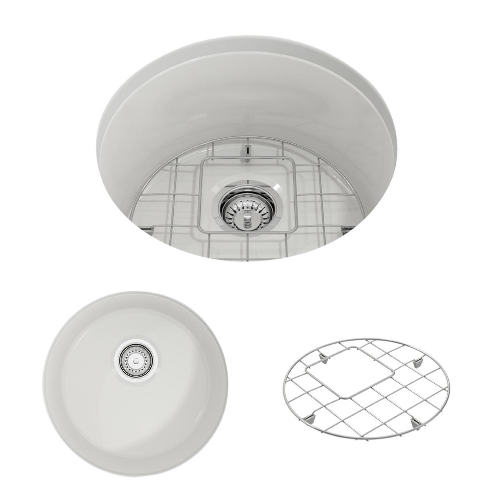 BOCCHI SOTTO 18.5" Fireclay Modern Undermount Single Bowl Kitchen Sink with Protective Bottom Grid and Strainer top view and bottom grid.