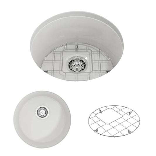BOCCHI SOTTO 18.5" Fireclay Modern Undermount Single Bowl Kitchen Sink with Protective Bottom Grid and Strainer top view and bottom grid.